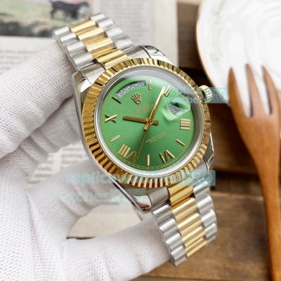 Replica Rolex President Day Date II Two Tone Green Roman Dial Watch 41MM
